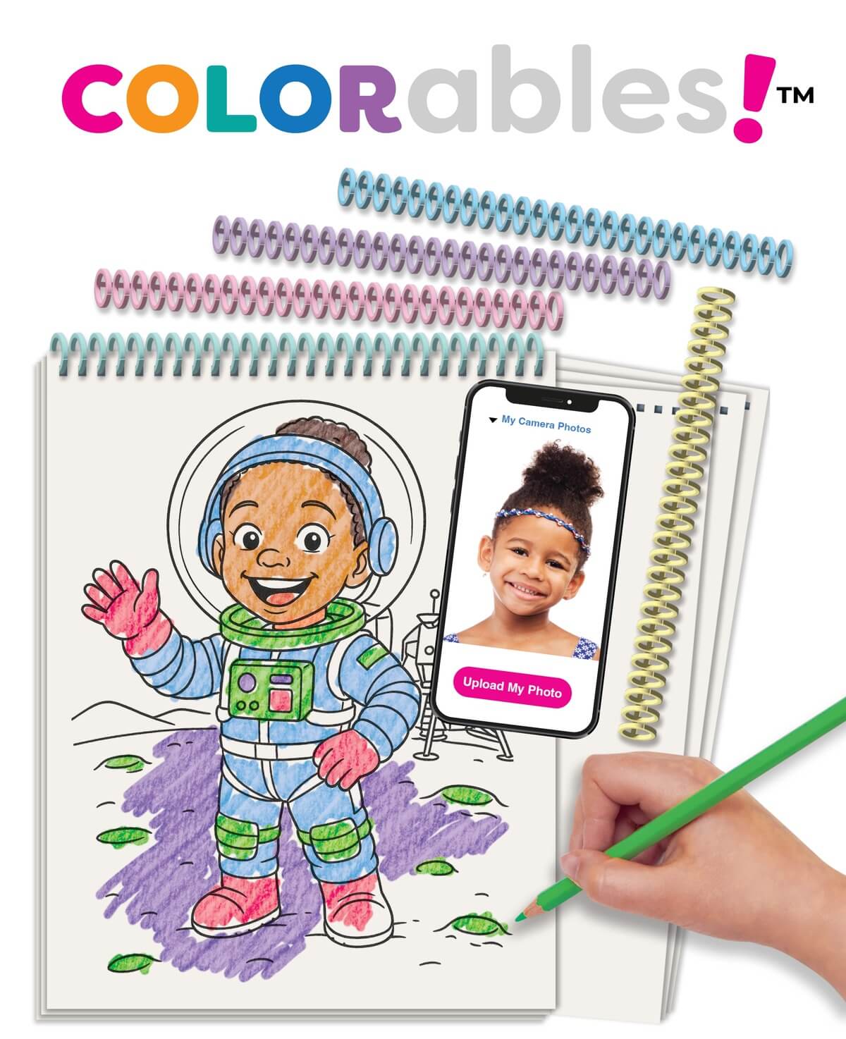 Finished Colorables space-themed coloring page with a phone upload preview